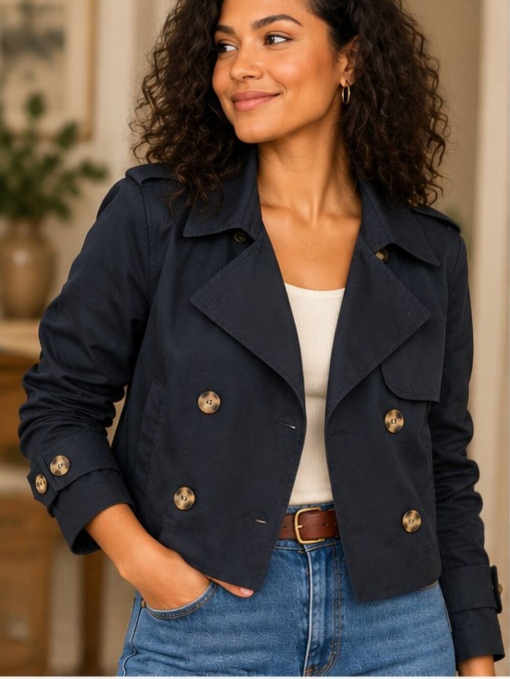 Bagatelle Medium Navy Cropped Double Breasted Trench Jacket